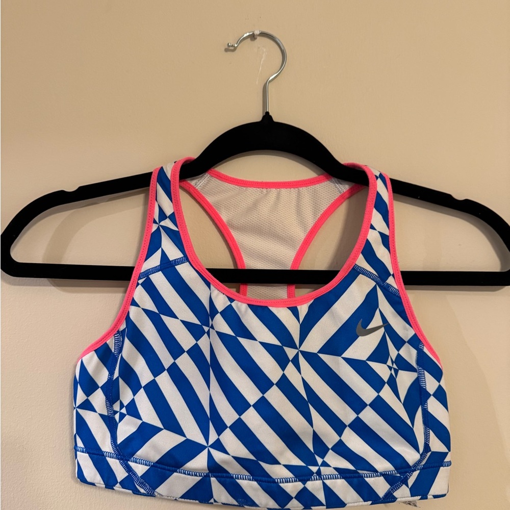 Nike Blue and White Patterned Sports Bra with Pink Accents